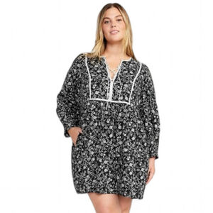 Old Navy Antique Floral Mari Babydoll Boho Puffed Sleeve Mini Dress Black Sz M